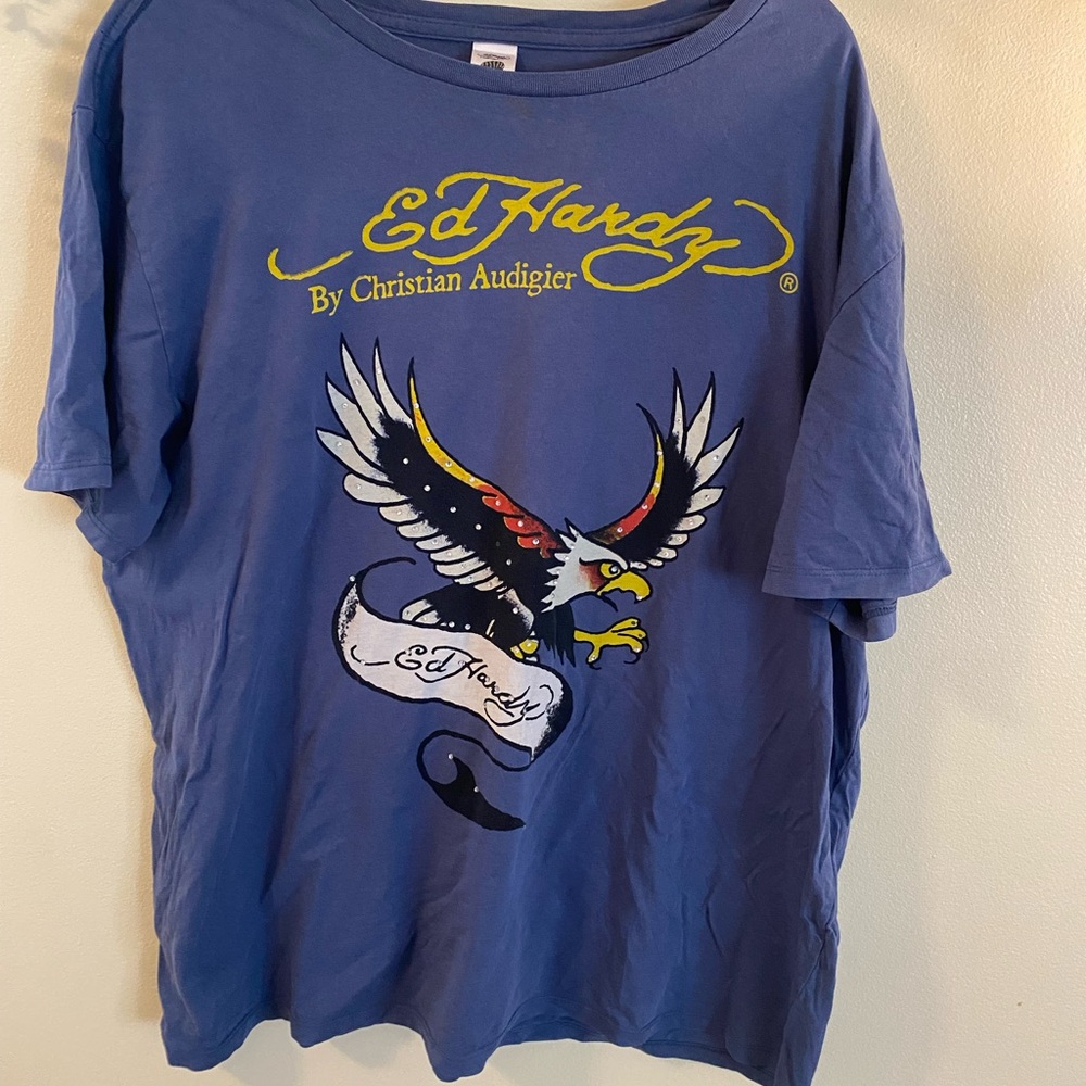 Ed Hardy Blue Tee with Yellow Accents